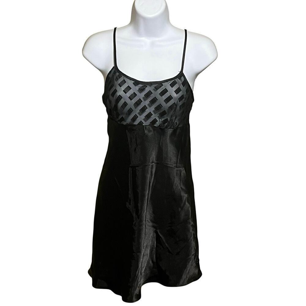 Vtg 90s Victoria Secret Gold Label Black Satin & Lace Babydoll Slip Nightgown S